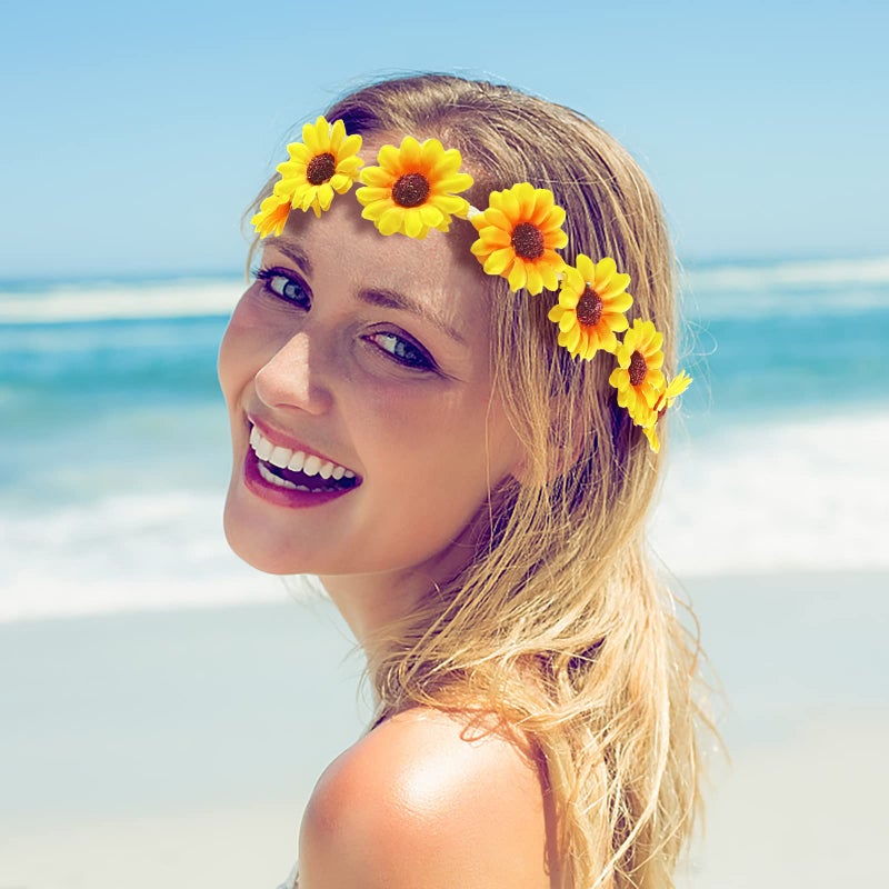 Bnikion 3 Pcs Sunflower Headband Hippie Headbands Crown Headpiece Flower Daisy Headbands for Women Girl 70s Hippie Boho Hat Accessories Bridal Wedding Summer Beach Party Hair Wreath Garland - Image 2